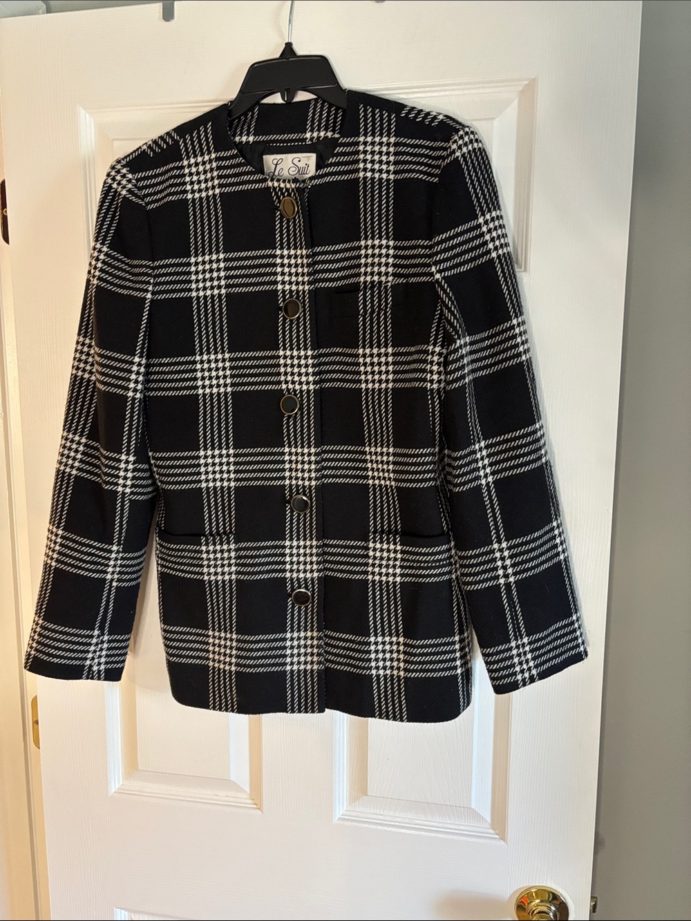 Le Suit Black & White Plaid Collarless Blazer
